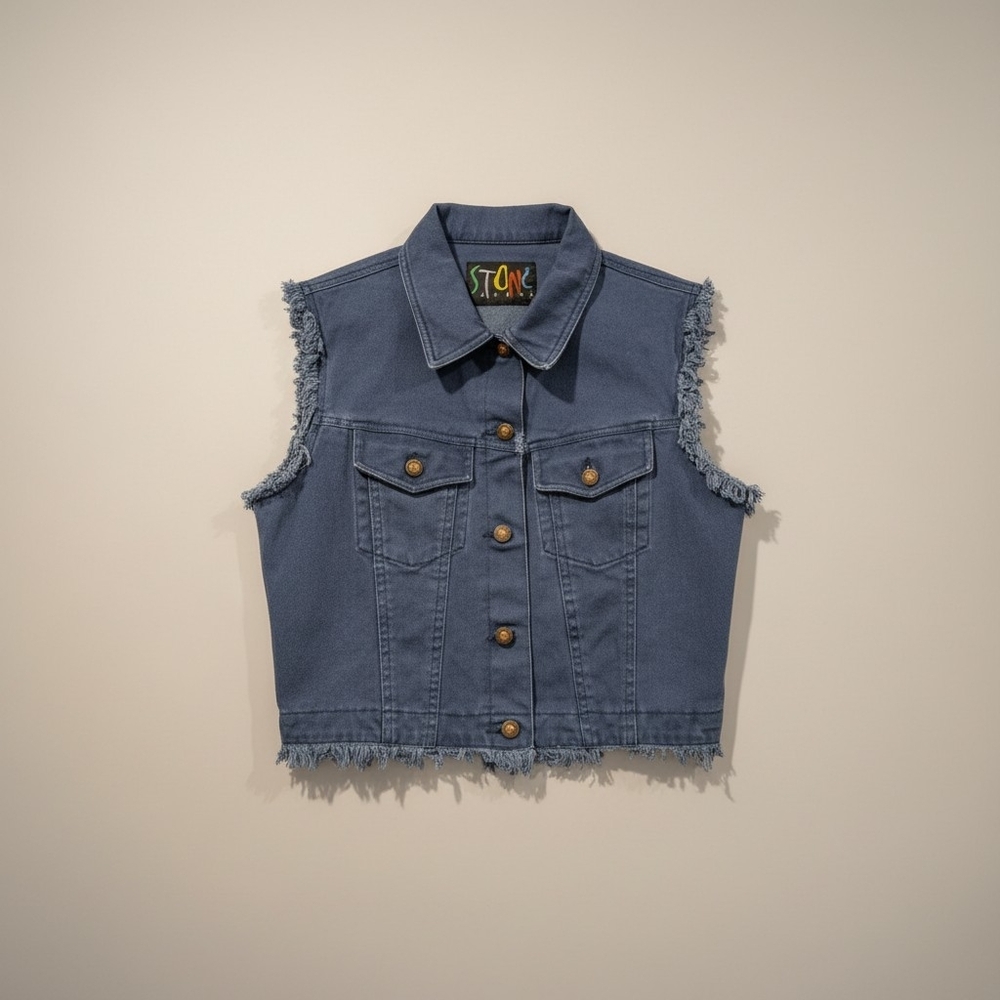 Stone Jeans Blue Denim Vest Frayed Sleeveless Y2K Crop